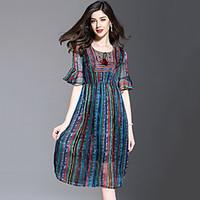 Women\'s Boho Plus Size Beach Street chic Chiffon Dress Striped Color Block Round Neck Above Knee 1/2 Length Sleeve Flare Sleeve Blue /Red Summer