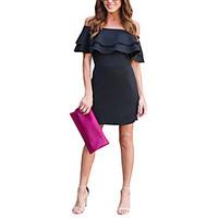 Women\'s Solid Off Shoulder Beach Club Sexy Sheath Black Ruffle Backless Bodycon Dress