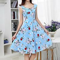 Women\'s Going out Holiday Vintage Sheath Dress, Floral Round Neck Knee-length Sleeveless Polyester Summer Mid Rise Inelastic Medium