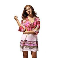 Women\'s Beach Holiday Tunic Dress, Print V Neck Above Knee ¾ Sleeve Polyester Spring Summer High Rise Inelastic Thin