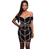 Women\'s Going out Party Club Bodycon Dress, Geometric Boat Neck Above Knee Short Sleeve Polyester Spandex Summer High Rise Stretchy Medium