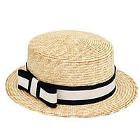 Women \'s Beach British Black And White Stripes Bow Cloth Flat Top Sunscreen Straw Hat