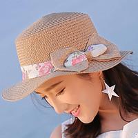 Women \'s Beach British Bow Cloth Flat Top Sunscreen Straw Hat