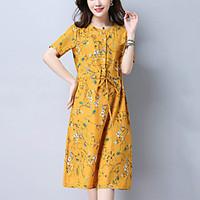 Women\'s Casual/Daily Street chic Loose Dress Print Ruched Round Neck Midi Short Sleeve Cotton /Linen White /Yellow Summer Mid Rise Inelastic Thin