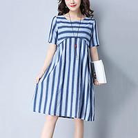 Women\'s Casual/Daily Street chic Loose Dress Striped Pleated Round Neck Knee-length Short Sleeve Cotton /Linen Red /Blue Summer