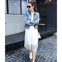 Women\'s Casual/Daily Simple Spring Denim Jacket, Solid Shirt Collar Long Sleeve Short Cotton