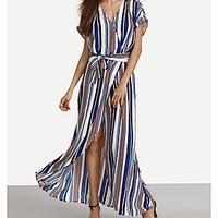 Women\'s Beach Holiday Swing Dress, Striped V Neck Maxi Short Sleeve Rayon Summer High Rise Micro-elastic Thin