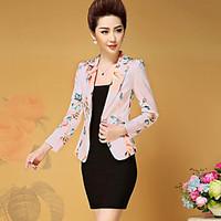 Women\'s Going out Casual/Daily Simple Spring Fall Blazer, Print Shirt Collar Long Sleeve Short Polyester
