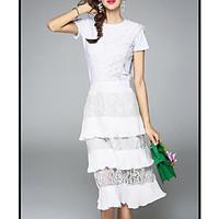 Women\'s Going out Sophisticated Summer Blazer Dress Suits, Solid Round Neck Short Sleeve Lace