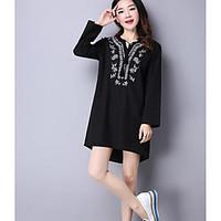 Women\'s Casual/Daily Boho Tunic Dress, Embroidered U Neck Above Knee Long Sleeve Linen Spring Mid Rise Inelastic Thin