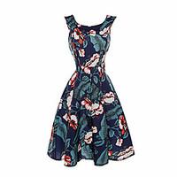 Women\'s Casual/Daily Beach Holiday Vintage Sheath Swing Dress, Floral Boat Neck Knee-length Sleeveless Cotton Polyester Summer High Rise