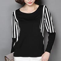 Women\'s Fine Stripe Casual/Daily Simple Fall Blouse, Striped Round Neck Long Sleeve Black Polyester Medium