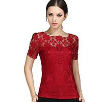 Women\'s Lace Patchwork Lace Hook Plus Size Slim Hollow Out All Match T-shirt, Round Neck Short Sleeve