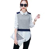 Women\'s Casual/Daily Street chic Fall / Winter Shirt, Color Block Shirt Collar Long Sleeve Gray Cotton / Rayon Thin
