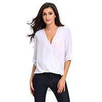 Women\'s White V Neck Ruffle Loose Fit Blouse Top