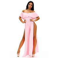 Women\'s Pink Ruffle Off Shoulder High Slit Wide Leg Party Jumpsuit