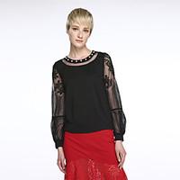 womens embroidery solid red black blouse round neck long sleeve