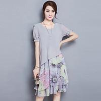 Women\'s Asymmetrical Going out Street chic Plus Size / Chiffon Dress, Floral Round Neck Knee-length Short Sleeve Gray Summer