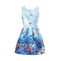 Women\'s Casual/Daily Beach Holiday Vintage A Line Dress, Print Round Neck Knee-length Sleeveless Cotton Polyester Summer High Rise