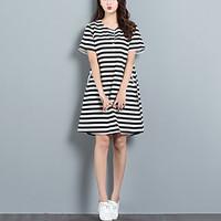 Women\'s Casual/Daily Chinoiserie Loose Dress Striped Round Neck Above Knee Short Sleeve Cotton /Linen Summer Mid Rise Inelastic Thin