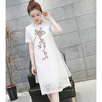 Women\'s Going out Casual/Daily A Line Dress, Embroidered Round Neck Knee-length Short Sleeve Polyester Summer Mid Rise Micro-elastic Medium