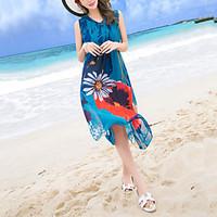 Women\'s Beach Holiday Boho Chiffon Swing Dress, Floral V Neck Midi Sleeveless Polyester Summer High Rise Inelastic Medium