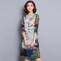 Women\'s Plus Size Vintage A Line Dress, Print Round Neck Above Knee ¾ Sleeve Silk Spring Mid Rise Inelastic