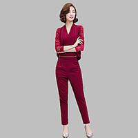 womens going out street chic fall set pantsolid v neck long sleeve red ...