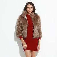 Women\'s Formal / Club Sexy Fur Coat, Solid Standing Collar ¾ Sleeve Fall / Winter Brown Faux Fur Medium