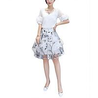 Women\'s Going out Casual/Daily Holiday Simple Cute Summer Shirt Skirt Suits, Print Round Neck ½ Length Sleeve Polyester Regular