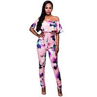 Women\'s Off The ShoulderRuffle Pink Floral Off Shoulder Jumpsuit