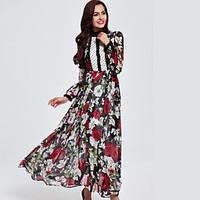 womens casualdaily simple loose dress floral stand maxi long sleeve bl ...