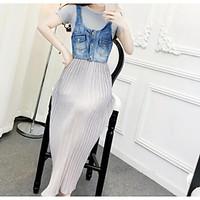 Women\'s Going out Vintage Summer T-shirt Skirt Suits, Solid Round Neck Short Sleeve Denim Micro-elastic