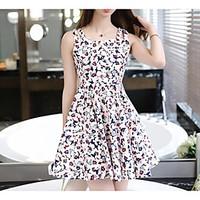 Women\'s Going out Casual/Daily Simple A Line Dress, Print V Neck Knee-length Sleeveless Cotton Summer Mid Rise Micro-elastic Thin