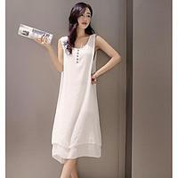 Women\'s Casual/Daily Tunic Dress, Solid Round Neck Midi Sleeveless Linen Summer Mid Rise Inelastic Thin