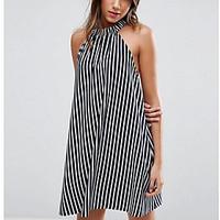 Women\'s Going out Loose Dress, Solid Striped Boat Neck Above Knee Short Sleeve Cotton Summer Mid Rise Micro-elastic Medium