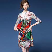 Women\'s Going out Chinoiserie Loose Dress, Print Round Neck Above Knee ¾ Sleeve Polyester Red Spring Summer Mid Rise Micro-elastic