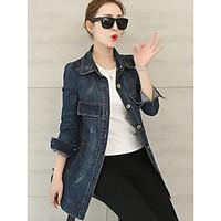 Women\'s Casual/Daily Simple Spring Denim Jacket, Solid Shirt Collar Long Sleeve Long Linen