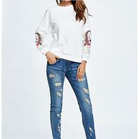 Women\'s Daily Sweatshirt Solid Floral Round Neck Micro-elastic Others Long Sleeve Spring
