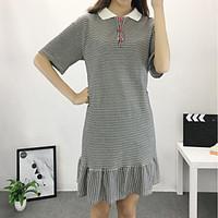 Women\'s Casual/Daily Cute Trumpet/Mermaid Dress, Striped Shirt Collar Knee-length ½ Length Sleeve Cotton Summer Mid Rise Micro-elastic