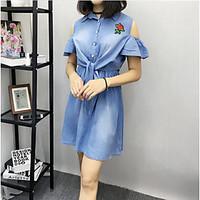 Women\'s Casual/Daily Loose T Shirt Dress, Striped Geometric Shirt Collar Maxi Short Sleeve Cotton Summer Mid Rise Micro-elastic Thin