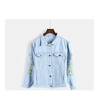 Women\'s Daily Soak Off Summer Denim Jacket, Solid Shirt Collar Long Sleeve Regular Polyester