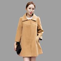 Women\'s Plus Size / Going out Street chic Coat, Solid Shirt Collar Long Sleeve Fall Red / Black / Yellow Cashmere /