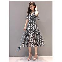 Women\'s Casual/Daily Simple Swing Dress, Print V Neck Midi Short Sleeve Rayon Summer High Rise Micro-elastic Medium