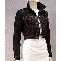 Women\'s Casual/Daily Simple Fall Denim Jacket, Solid Shirt Collar Long Sleeve Short Linen