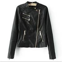 womens casualdaily simple spring fall leather jacket solid round neck  ...