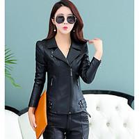 Women\'s Casual/Daily Simple Spring Leather Jacket, Solid Shirt Collar Long Sleeve Short PU