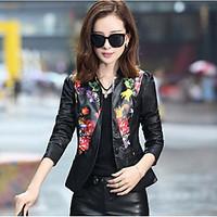 Women\'s Casual/Daily Simple Spring Leather Jacket, Print V Neck Long Sleeve Short PU