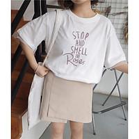 Women\'s Casual/Daily Simple Cute Spring Summer T-shirt, Letter Round Neck Short Sleeve Cotton Thin