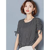 Women\'s Casual/Daily Simple Summer Blouse, Striped Round Neck Short Sleeve Cotton